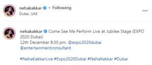 Neha Kakkar Tweet about Expo 2020 Dubai